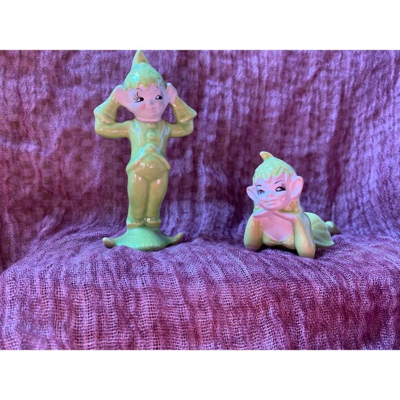 Vintage Mid Century Green Fairy Elf Pixie Figurines - Picture 1 of 7